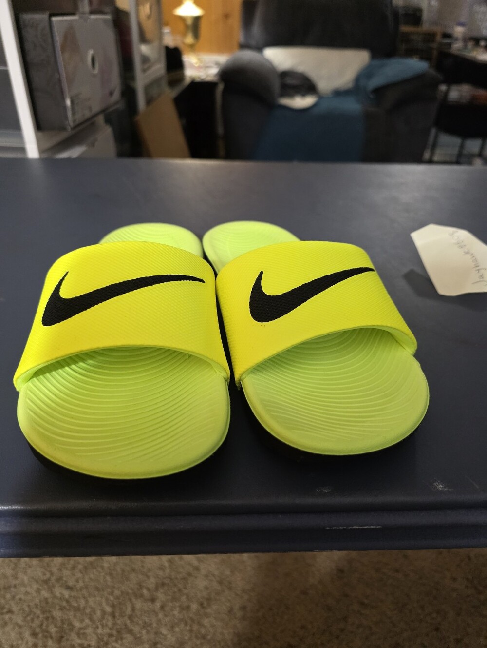 Nike Bright Yellow-Green Slide Sandals with Black Swoosh Size 4y.